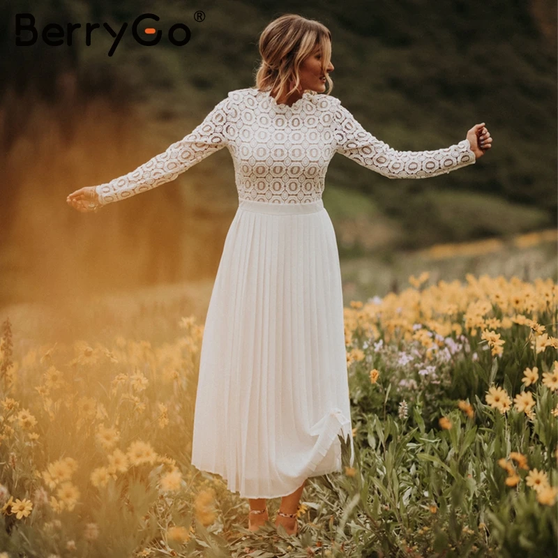 BerryGo Просто элегантно кружевное платье для женщин вышивка плиссированные с