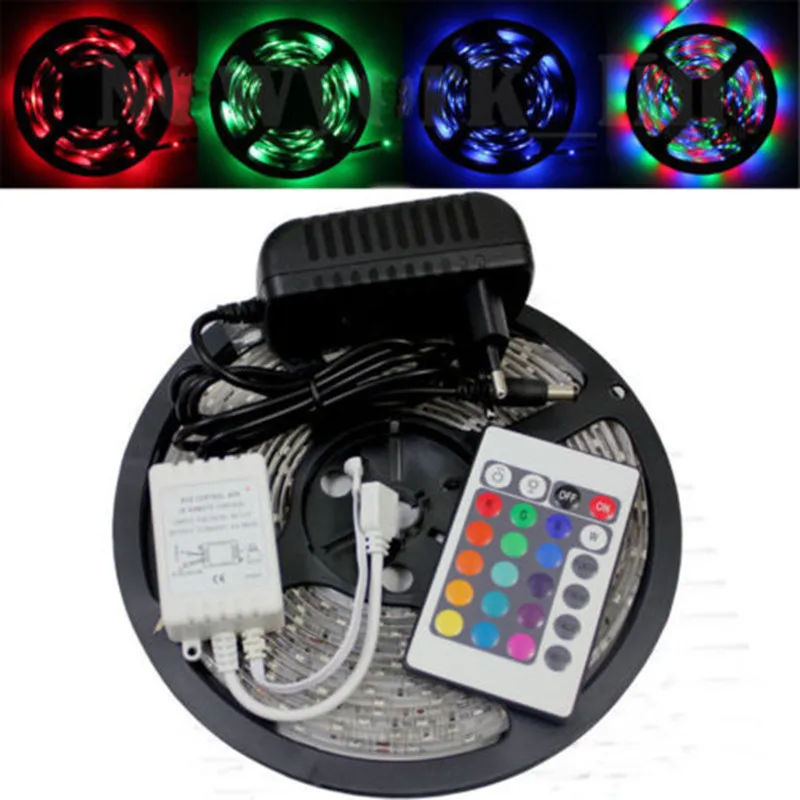 

5M/lot 3528 SMD Dimmable RGB LED Strip 300 Led Flexible Light Waterproof Strip Lamp+24 key IR+12V 2A Power Supply EU/US Plug