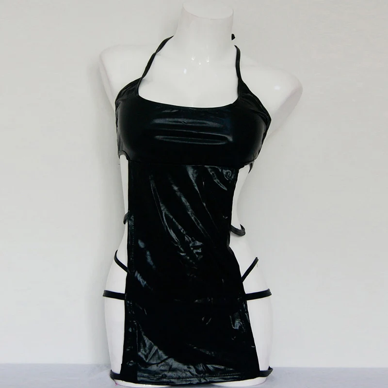 Сексуальное черное платье из искусственной кожи для женщин Wetlook Halter Cut Out Chemise