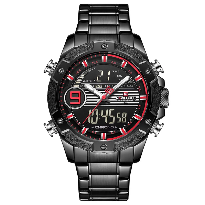 Black Red Топ люксовый бренд NAVIFORCE мужские спортивные часы мужские кварцевые цифровые аналоговые часы мужские модные полностью стальные водонепроницаемые наручные часы - Цвет: Black Red