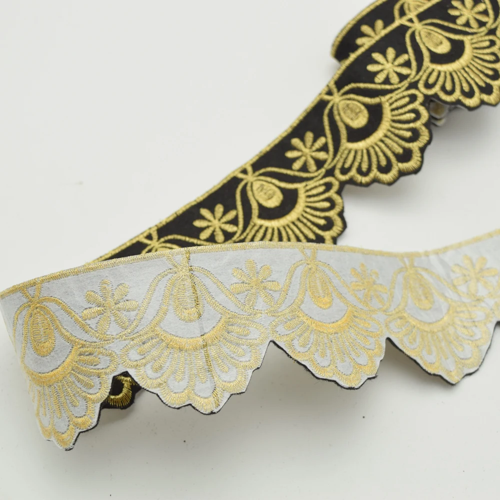 5 ярдов бархатная черная ткань кружевная отделка с золотой цветочной вышивкой