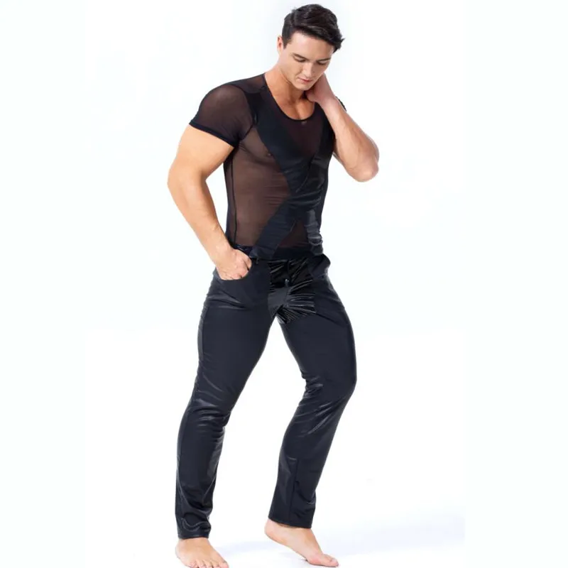 Black MenFaux Leather Tops Latex Catsuit Masquerade Super man Cosplay Halloween Party Dress Men Zentai Gay Fetish Wear Z6027 - Цвет: Black