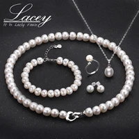 fashion real pearl necklace sets for womennatural freshwater pearl necklace bracelet earrings ring 925 silver jewelry sets