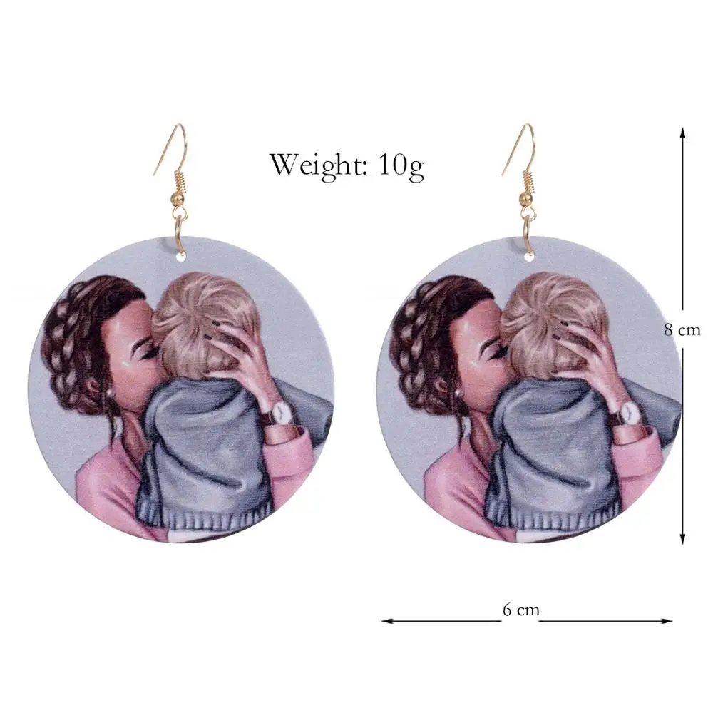 KHARISMA 2019 Women Fashion Round Wooden Mom Love Printed Printing Drop Earrings Ethnic African Lady Statement Jewelry | Украшения и