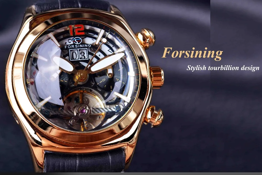 Forsining выпуклая стеклянная стильная Tourbillion 3D дизайнерская Натуральная кожа ремешок мужские часы лучший бренд класса люкс автоматические часы