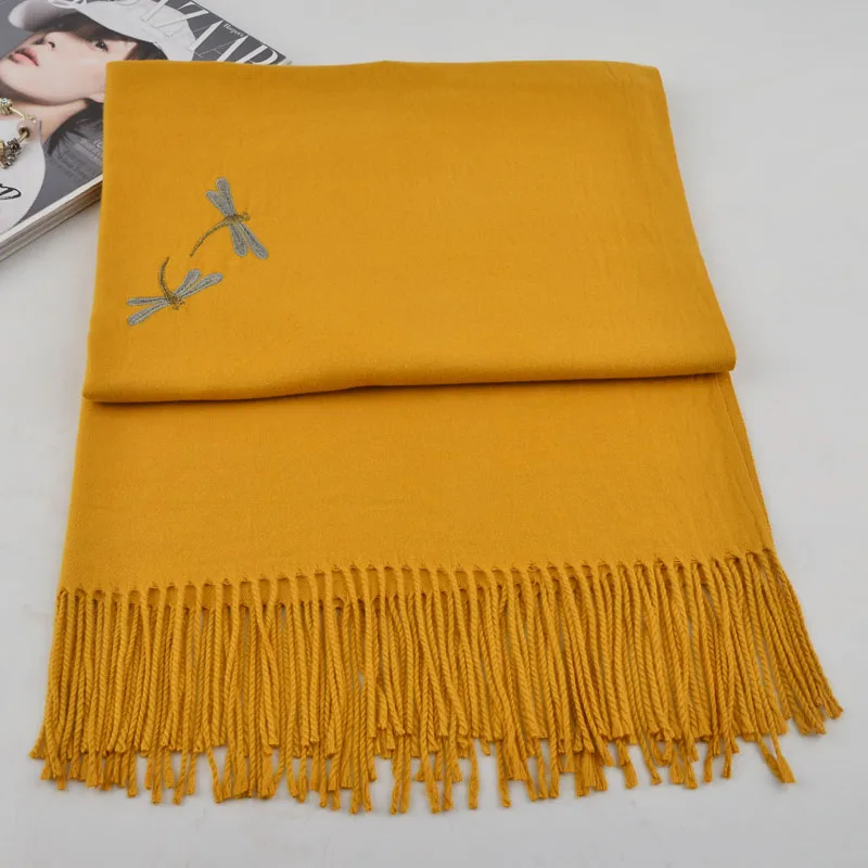 Роскошный шарф женщин Кашемир Вышивка Стрекоза бандана пашмины шерсти платки