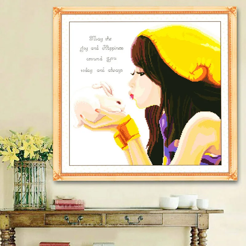 QIANZEHUI Needlework DIY Precision printing warm love Cross stitch Cartoon beautiful girl counted Cross-stitch Wall Home decor | Дом и сад