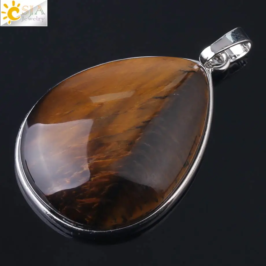 Tiger Eye Pendant CSJA подвески из натурального камня тигровый глаз розовый кварц Фиолетовый Кристалл Lapis ОЖЕРЕЛЬЕ капли воды плоские бусины для женщин Исцеление ювелирные изделия F982 - Окраска металла: Tiger Eye Pendant