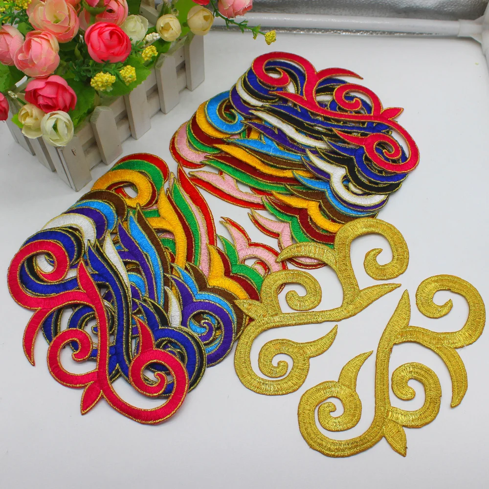 

Iron On Appliques Flower Trims Mirror Pairs Gold Cosplay Costume 3D Embroidery Patches 18*7cm