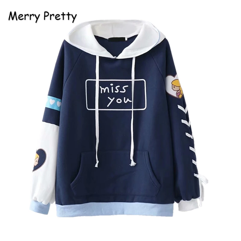 Женский свитшот с капюшоном MERRY PRETTY Зимний пуловер длинным рукавом на шнуровке