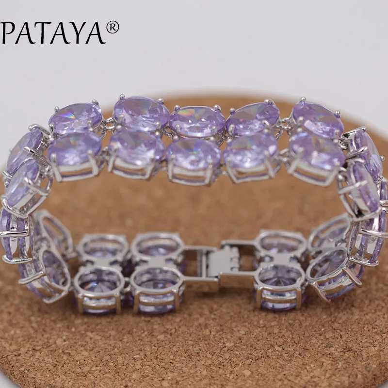 Женский двухрядный браслет PATAYA фиолетовый овальный с натуральным цирконием 77 г
