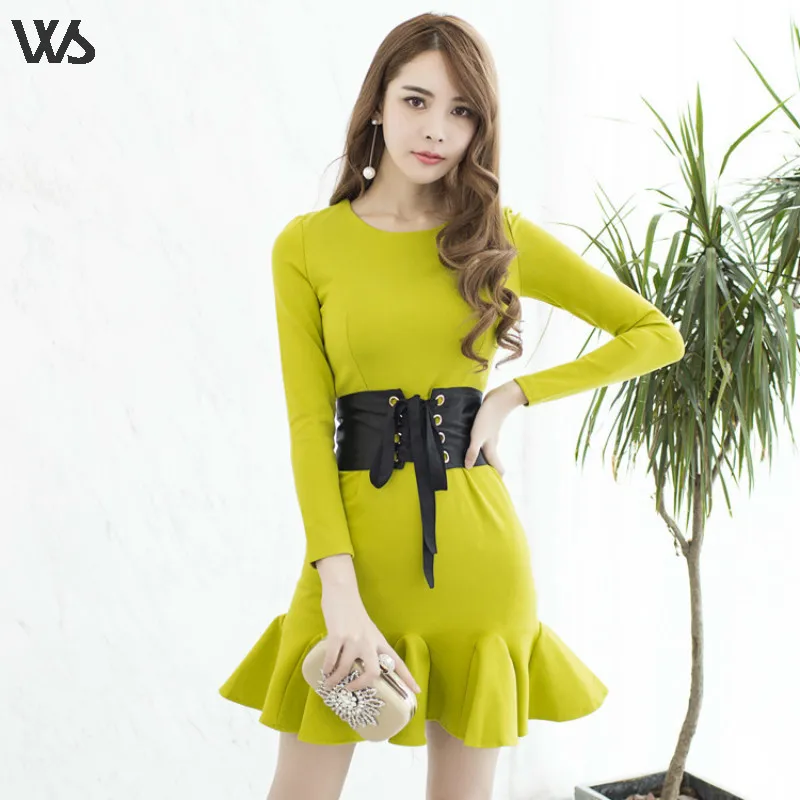 2017 New Arrival Winter Women's Clothes O-Neck Solid Knitting Slim Sexy Brand Ruffles Brief Female Elegant Belt Dress S-L | Женская