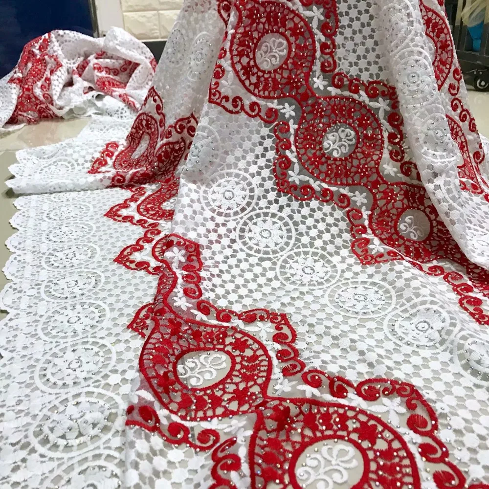 Чистая белая кружевная ткань с камнями 5 ярдов в партии африканская