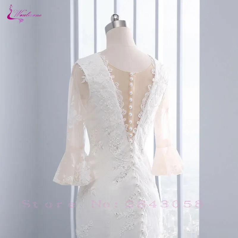 

Waulizane Vintage V-neck Mermaid Wedding Dresses Unique Appliques Lace Flare Sleeves With Button Sweep Train Bridal Gowns