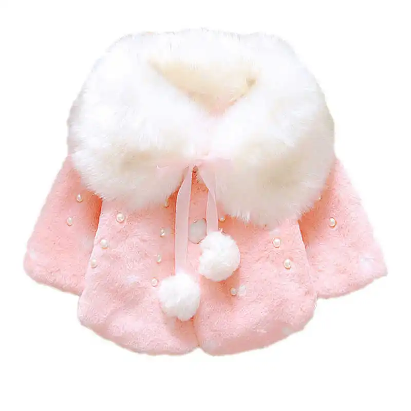 lovely Winter Baby Girls Fur Fleece Imitation Pearls Princess Outerwear warm Coat Lapel Collar Xmas Kids Infant Cloak Cape - Цвет: Pink