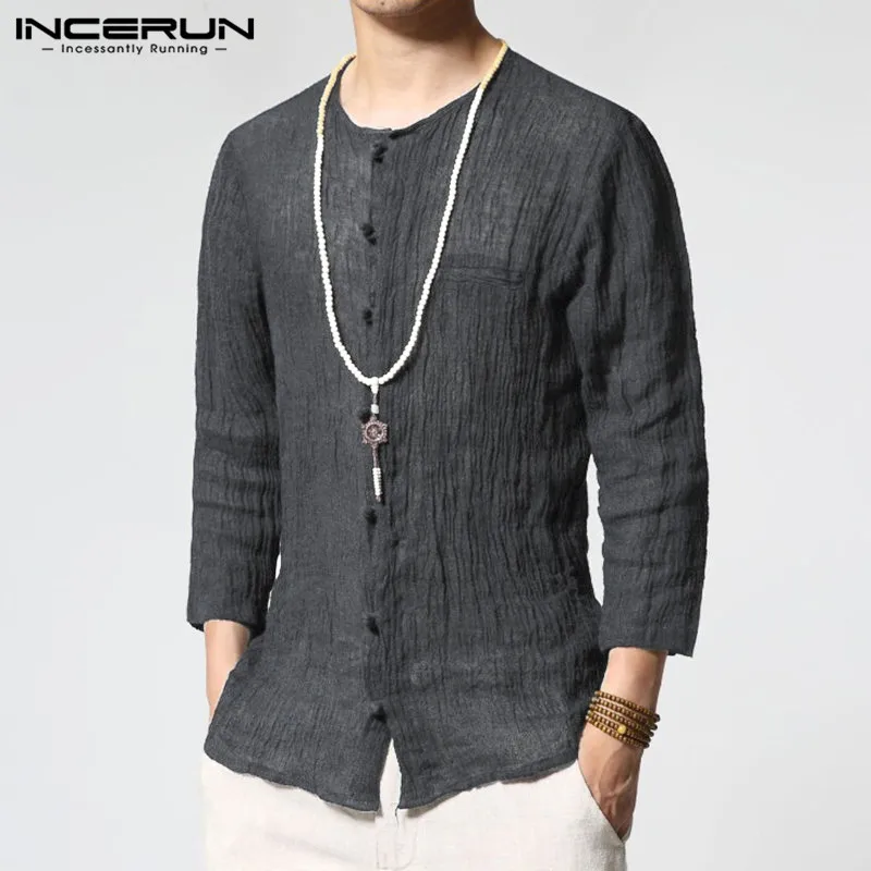 Gray Shirt INCERUN, мужские рубашки в китайском стиле, одноцветные, круглый вырез, 3/4 рукав, хлопок, Ретро стиль, рубашка, Повседневная, тонкая, для фитнеса, Camisa Masculina, S-3XL - Цвет: Gray Shirt
