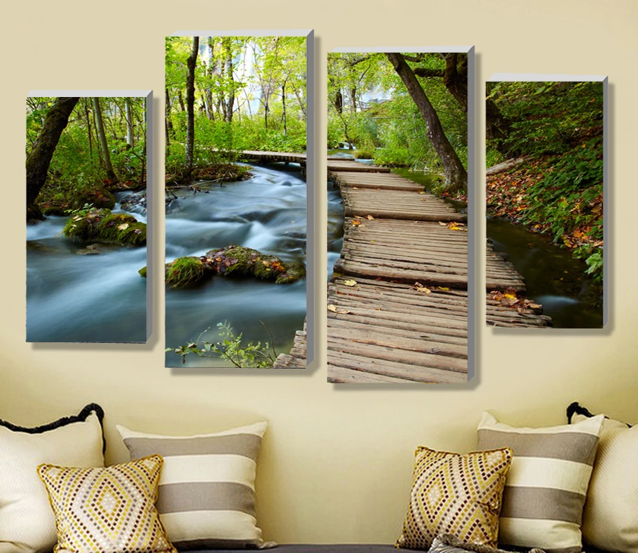 4 Панель наборы Красивый водопад пейзажная живопись цветы современные картины на