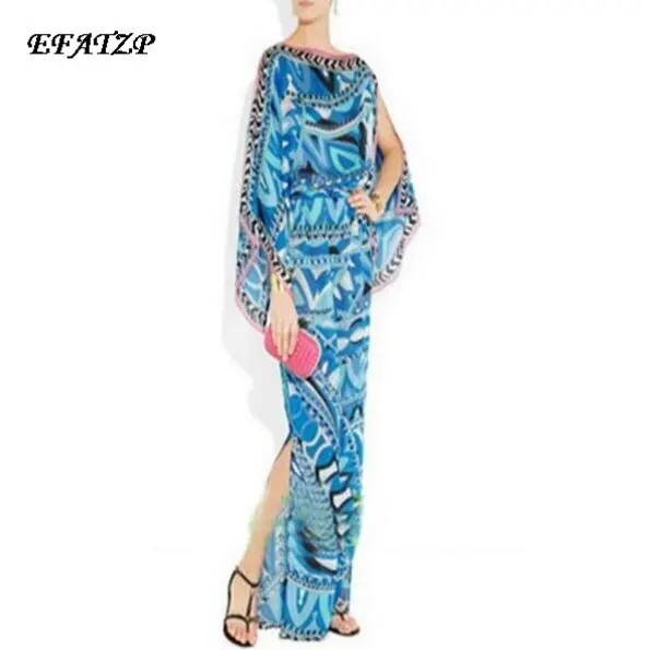 Европейская мода женское синее эластичное платье макси с геометрическим принтом