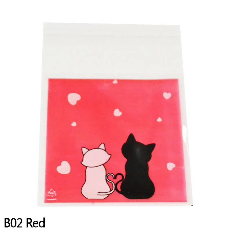 red 50Pcs/100pcs 7x7cm Lovely Cat Party Cookies Biscuits Bag Self-adhesive Plastic Bags Wedding Cellophane Bag Cake Candy Gift Bags - Цвет: red
