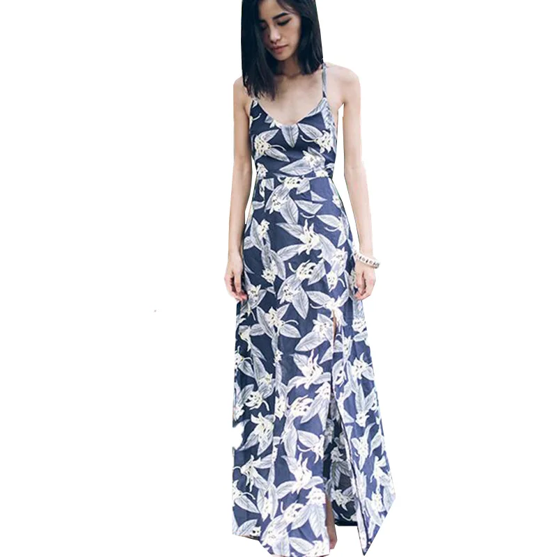 Женское винтажное платье с цветочным принтом длинное пляжное на бретелях