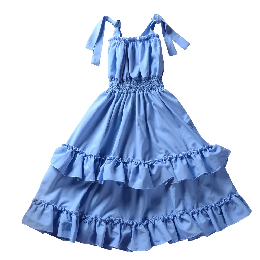 Kid Girls Clothes Ruffled Sleeveless Suspender Dresses Solid Blue Casual Tunic Children Dress | Детская одежда и обувь