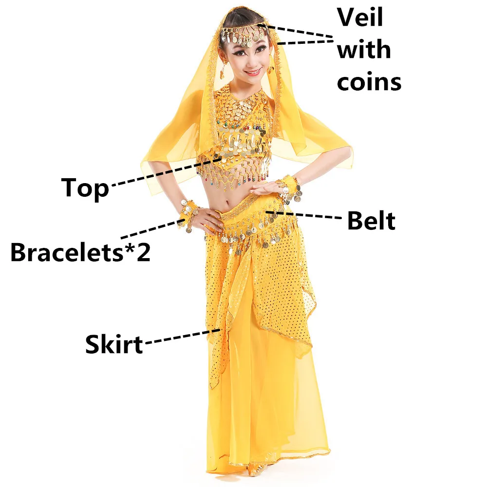 Yellow 6pcs Костюмы для танца живота для детей, девочек, детская юбка для танца живота, Болливуд, танцевальное платье, для выступлений, соревнований, индийский комплект одежды - Цвет: Yellow 6pcs