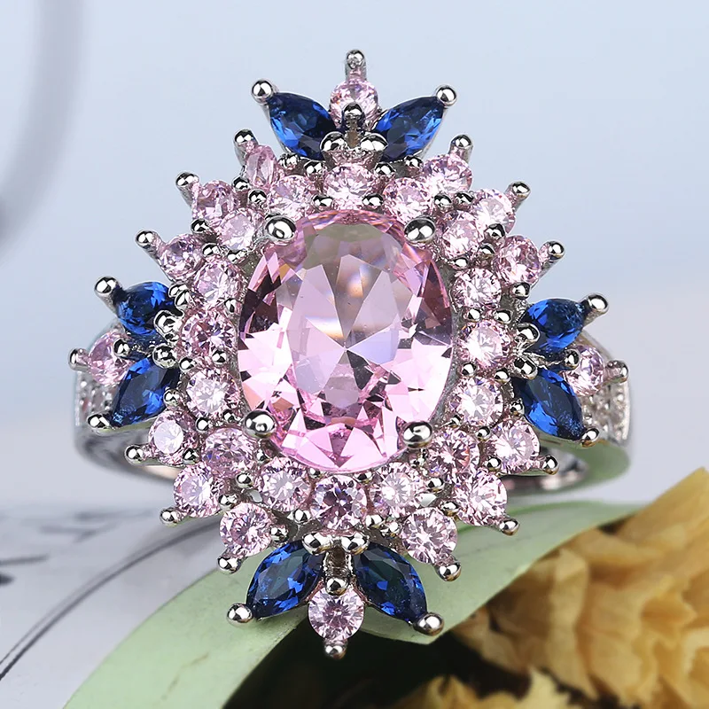 3.0Ct модное Настоящее твердое 925 пробы Серебряное кольцо для женщин подарок AAA разноцветный циркониевый ювелирные изделия синий паве цветок серебряные обручальные кольца