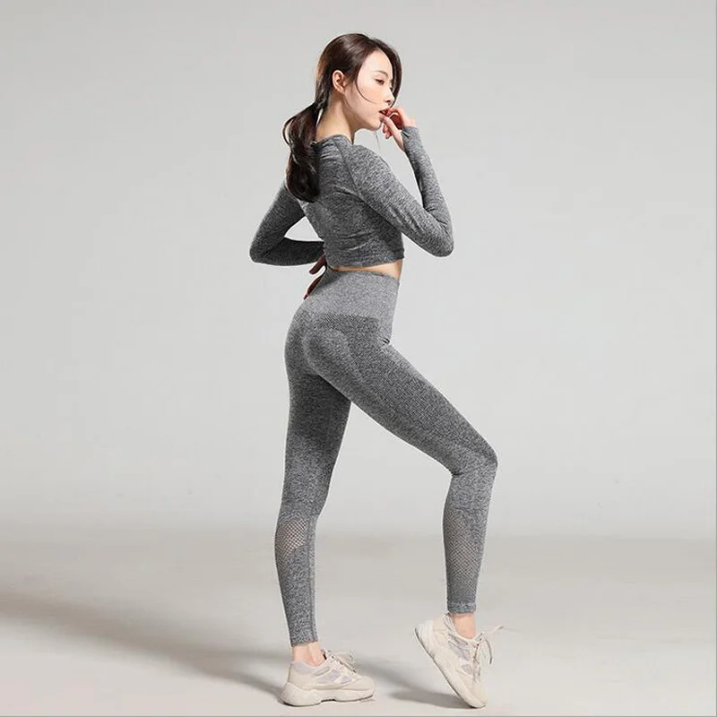 Gray Бесшовный комплект из 2 предметов, женский спортивный костюм, одежда для тренажерного зала, тренировочная одежда для фитнеса, укороченный топ с длинным рукавом, леггинсы с контролем живота, комплект для йоги - Цвет: Gray