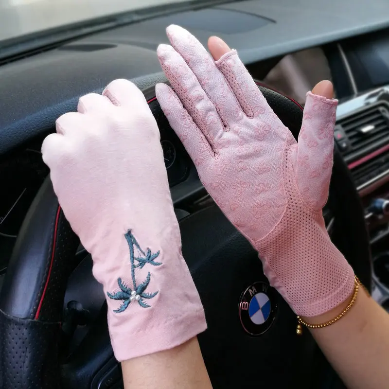 Skin Pink Женские перчатки тонкие летние анти-солнце наружное натуральный хлопок нескользящие Симпатичные вышивка водительские перчатки Женская мода простой FS05 - Цвет: Skin Pink
