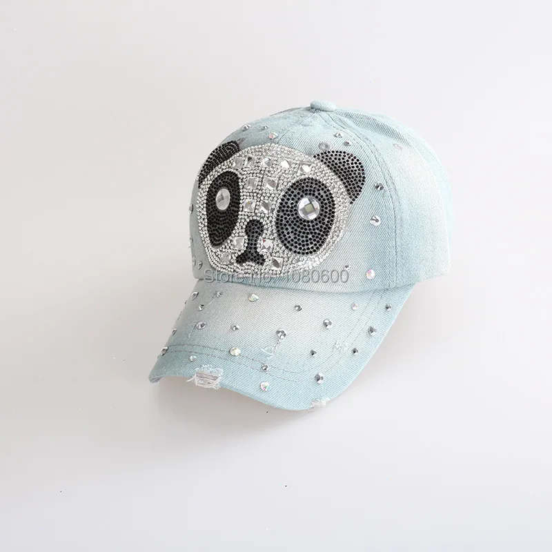 Мода panda diamond регулируемый джинсовая Вышивка Горный Хрусталь жан бейсболка Snapback