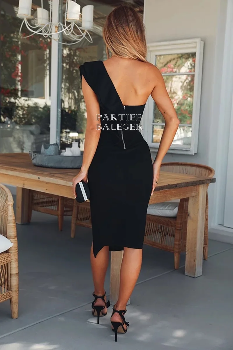 Новое поступление 2019 модное черное платье с оборками сексуальное одним плечом до