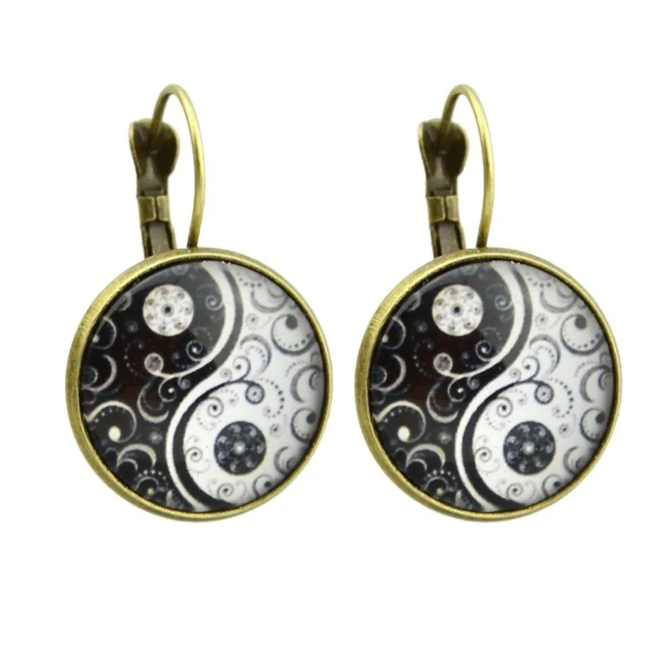 Винтаж Boho себе Серьги бронза серебро Цвет Белый Черный Yinyang узор круглый милый
