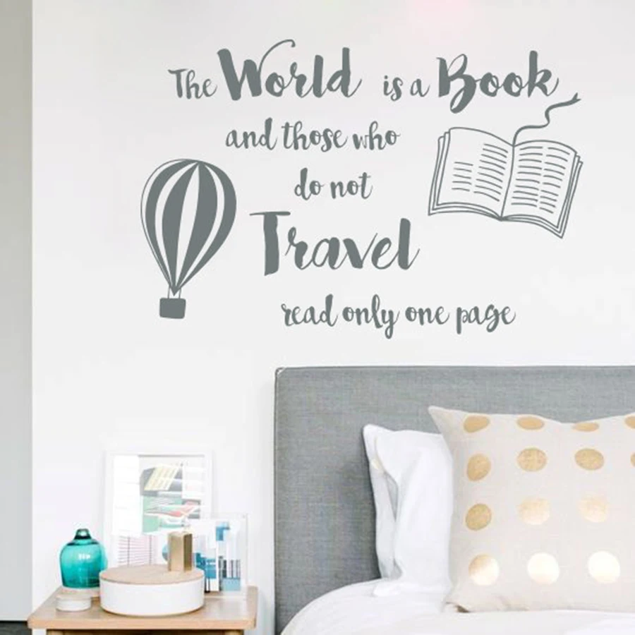 Book Reading Wall Sticker World Is Quote Decals Library Decor Hot Air Balloon Design Vinyl Mural 3358 | Дом и сад