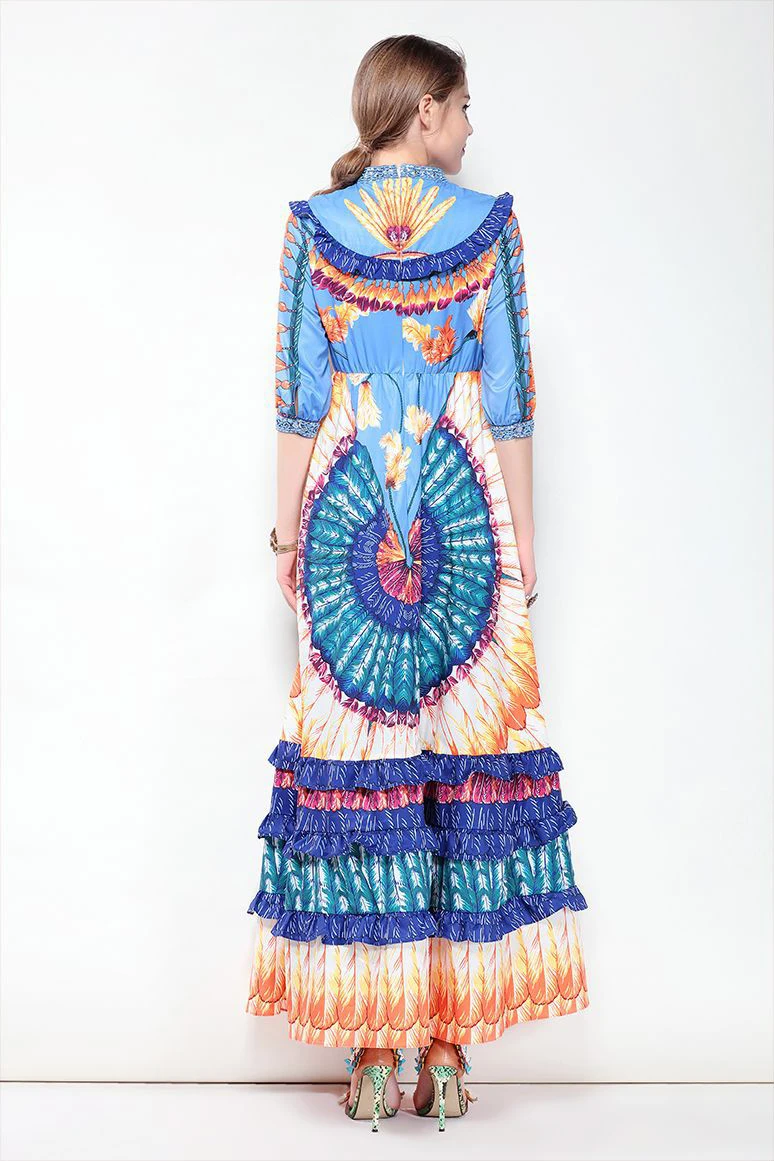 2018 Summer Runway Dresses Short Sleeves Beads Diamonds Print O-collar Ankle-Length Women's Dress Vestidos De Festa D1410 | Женская