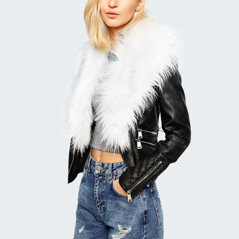 Motorcycle Jacket Top Quality Women Warm Winter Leather Fur Collar Zipper Short Waist Coat Overcoat Parkas Big Size XXXL Q4724 | Женская