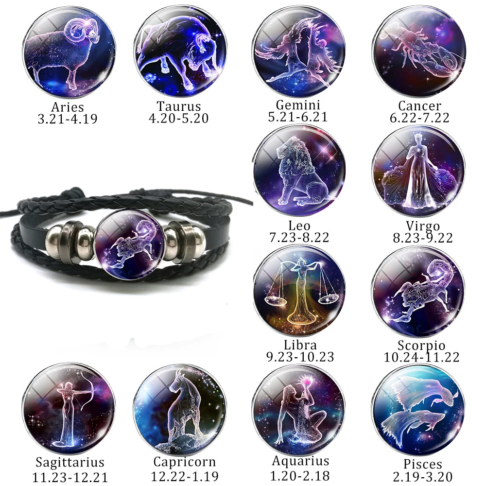 

12 Constellation Bracelet Charms Zodiac Sign Glass Cabochon Punk Jewelry Black Multilayer Leather Bracelet Women Men Gift 2018