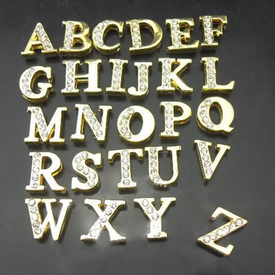 

52PCS/Lot 8MM Half Rhinestones Gold Color Slide Letters Slide Charms Fit 8MM DIY Wristband Belt Band SL24