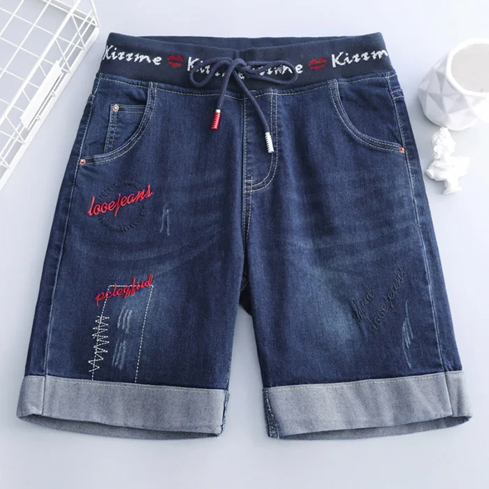 dark blue Jbersee джинсовые шорты для женщин до колена джинсовые шорты для женщин Летняя уличная одежда Короткие штаны для женщин высокая Талия размера плюс байкерские шорты - Цвет: dark blue