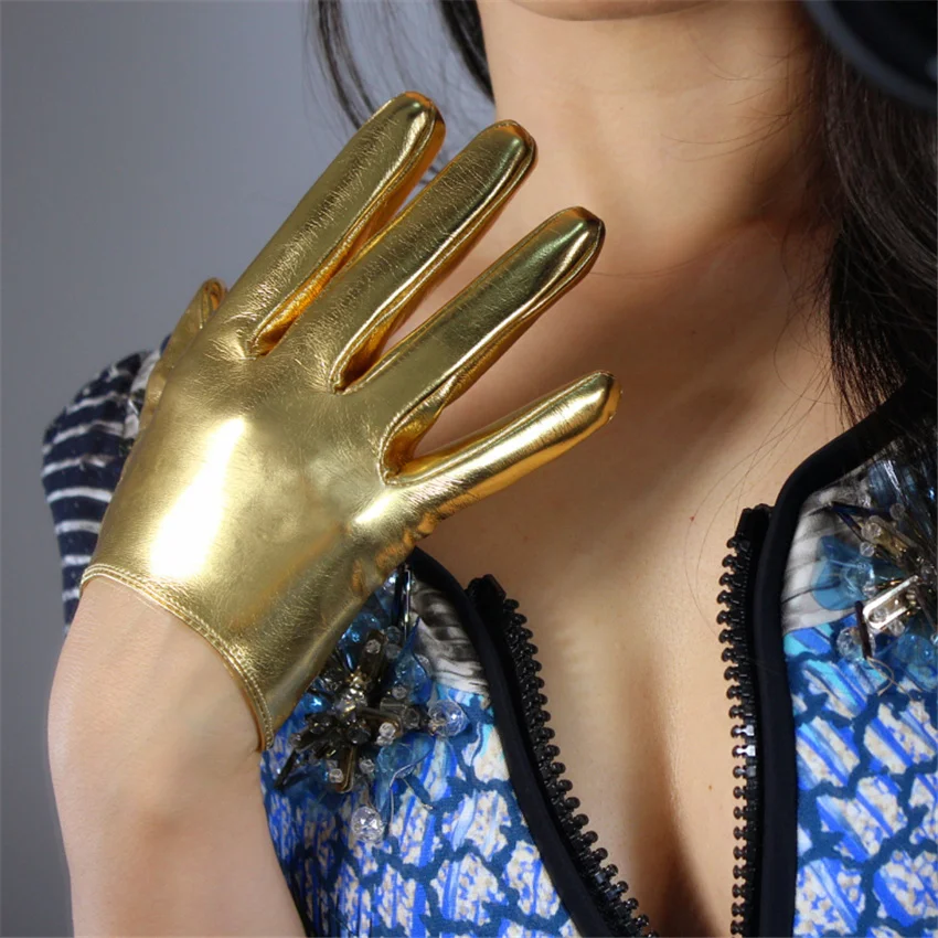 

Patent Leather Gloves Ultra Short16cm Super Bright Mirror Bright Gold Elastic PU Simulation Leather Gloves JS16