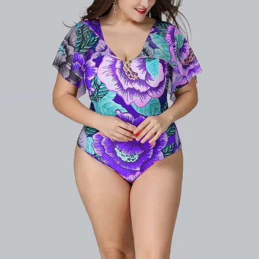 

Sexy Women Swimwear Plus Size Push Up Floral Printed Flying Sleeve Bikini Beautiful Back Large Size One Piece Swimsuit XL-5XL