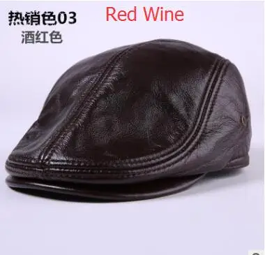 Redwine Мужская шапка из натуральной кожи, мужские шапки из воловьей кожи, остроконечная шапка для студентов, зимние шапки с защитой ушей, теплая шапка для пожилых, B-7175 - Цвет: Redwine