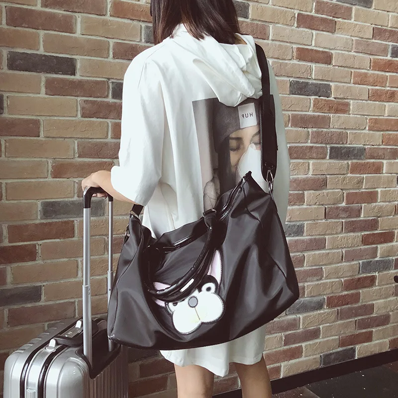 Fashion Casual PU Leather Travel Bags Black Couple Cartoon Dog Embroidery Overnight Weekend Bag Short Trip GYM Big Hand Luggage