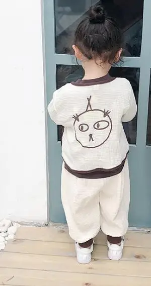 White Japanese style boys girls cartoon pure cotton clothes sets kids single-breasted long sleeve jacket+ loose pants 2pcs suits - Color: White