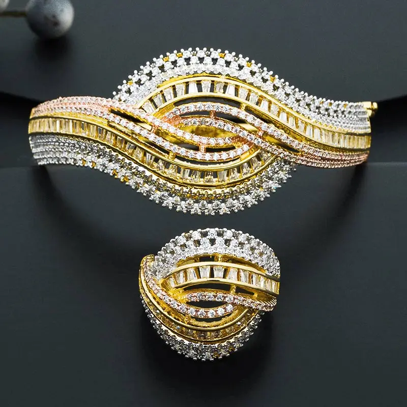 

ModemAngel Luxury Fashion Geometry Super Full Micro Paved Cubic Zircon Bangle Ring Set Women Dress Engagement Party Jewelry Gift