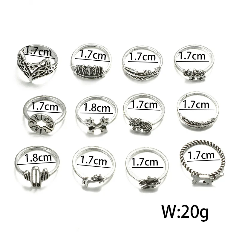 Vintage Knuckle Finger Ring Set For Women Fox Elephant Horse Heart Crown Rings Boho Jewelry 12 PCS/Lot | Украшения и аксессуары