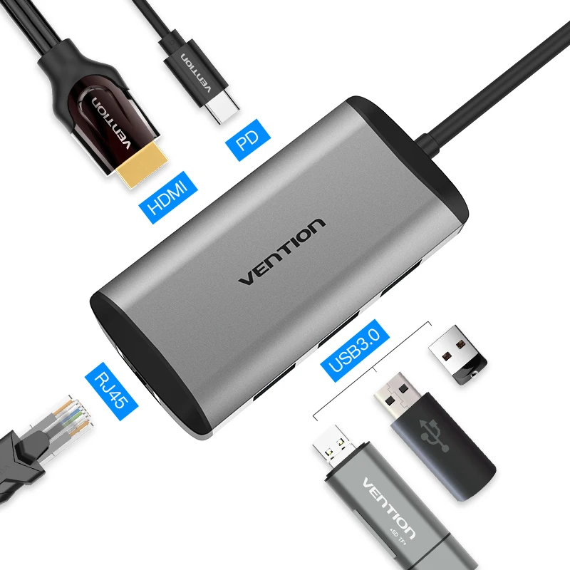 Vention Thunderbolt 3 док-станция usb-хаб type C к HDMI USB3.0 RJ45 адаптер для MacBook samsung Dex S8/S9 huawei P30 Pro usb c адаптер - Цвет: grey CNCHB