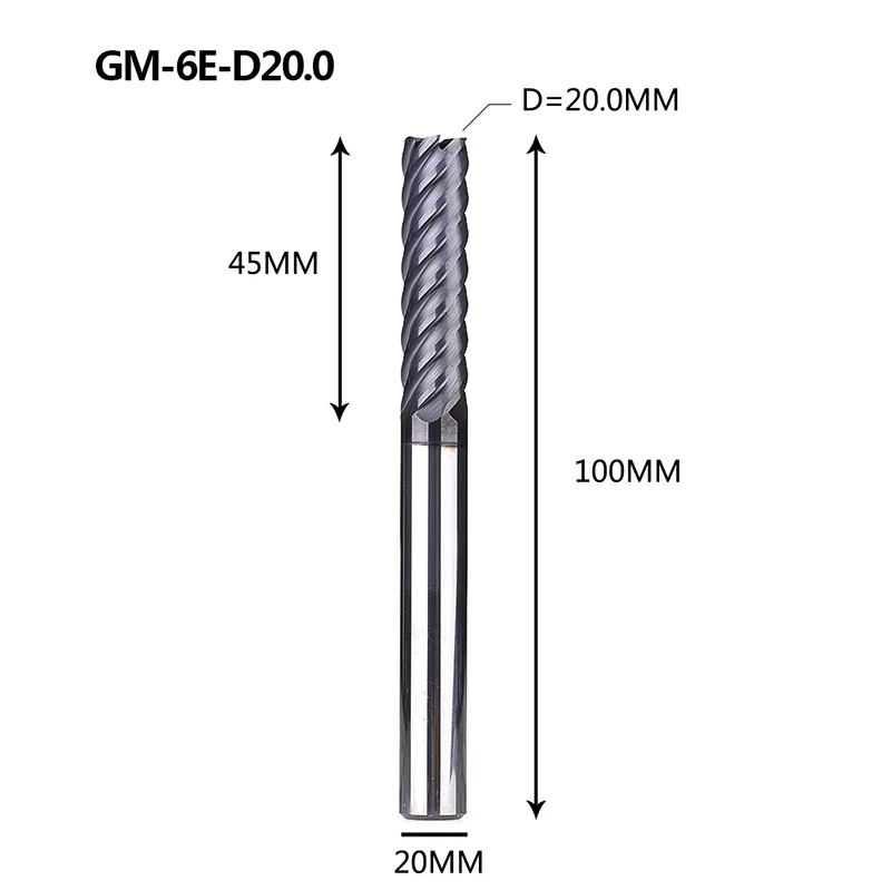 Фрезерный станок с ЧПУ GM-6E GM-6EL из твердой вольфрамовой стали 6 флейт с квадратной головкой с покрытием концевые фрезы для обработки металла HRC40 - Длина режущей кромки: GM-6E-D20.0