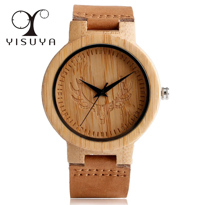 

YISUYA Creative Nature Bamboo Wood Quartz Wrist Watch Men Women Deer Head Pattern Novel Casual Genuine Leather Band Strap Gift