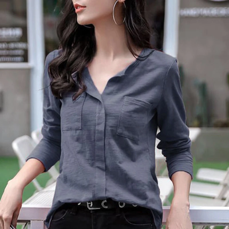 

Bamboo cotton long-sleeved women's T-shirt spring new body cotton loose v-neck Korean stitching solid color tops A221