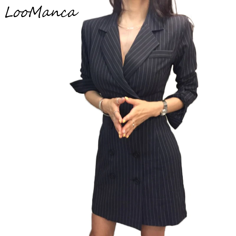 Корейская винтажная мода весна осень женские блейзеры полосатый двубортный